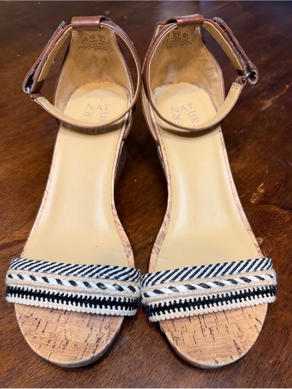 Naturalizer Brown Cork Ankle-Strap Sandals with Black & White Braided Trim